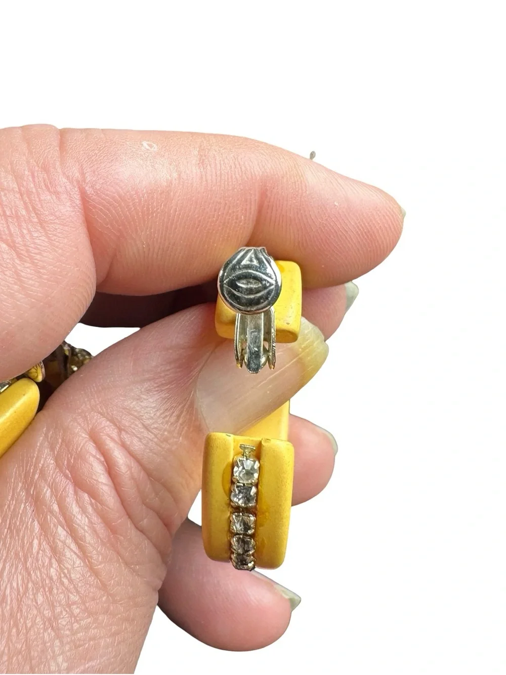 Vtg Bakelite Chunky Butterscotch Rhinestone Hoop Clip On Earrings Simichrome 15g